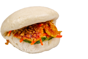 Grilled Tempeh Bao – Vegetarian bao with grilled tempeh and vegetables.