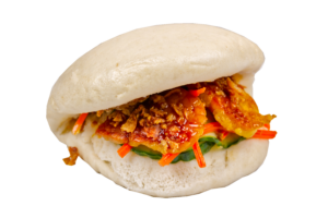 Grilled Tempeh Bao – Vegetarian bao with grilled tempeh and vegetables.